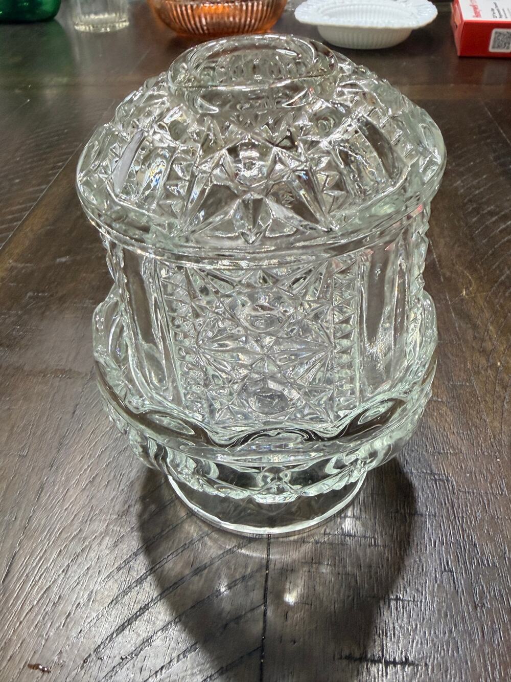 Vintage Indiana Glass Crystal Clear Stars Bars Fairy Lamp Covered Candle Holder